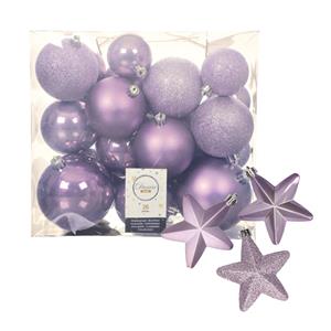 Decoris Pakket 32x stuks kunststof kerstballen en sterren ornamenten lila paars -