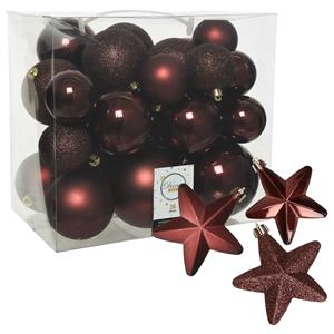Decoris Pakket 32x stuks kunststof kerstballen en sterren ornamenten mahonie bruin -