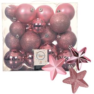 Decoris Pakket 32x stuks kunststof kerstballen en sterren ornamenten roze -