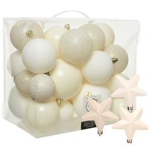 Decoris Pakket 32x stuks kunststof kerstballen en sterren ornamenten wol wit -