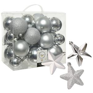 Decoris Pakket 32x stuks kunststof kerstballen en sterren ornamenten zilver -