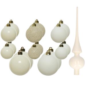 Decoris Set van 26x stuks kunststof kerstballen en glazen piek wol wit -