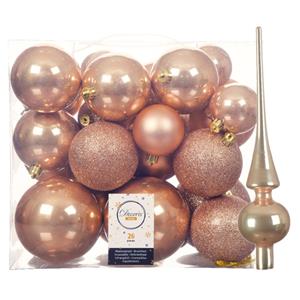 Decoris Set van 26x stuks kunststof kerstballen incl. glazen piek glans toffee bruin -