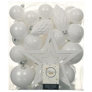 Decoris Set 66x stuks kunststof kerstballen met ster piek wit -