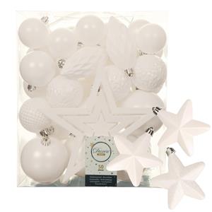 Decoris 56x stuks kunststof kerstballen en ornamenten met ster piek wit -