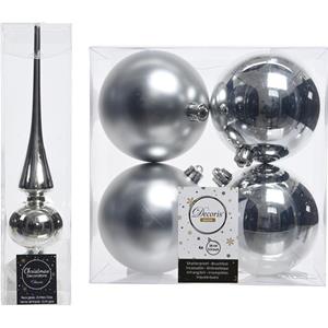 Decoris Kerstboom versiering set zilver piek en 4x kerstballen 10 cm -