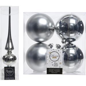 Decoris Kerstboom versiering set zilver piek en 4x kerstballen 10 cm -