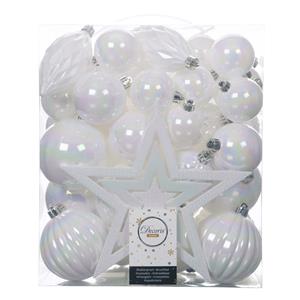 Decoris Set van 55x stuks kunststof kerstballen incl. ster piek parelmoer wit -