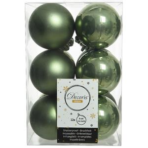 Decoris 12x stuks kunststof kerstballen mos groen 6 cm glans/mat -