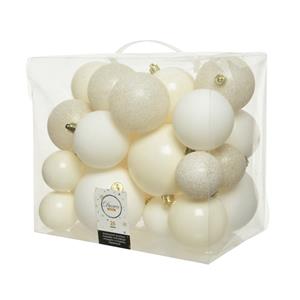 Decoris 52x stuks kunststof kerstballen wol wit 6-8-10 cm glans/mat/glitter -