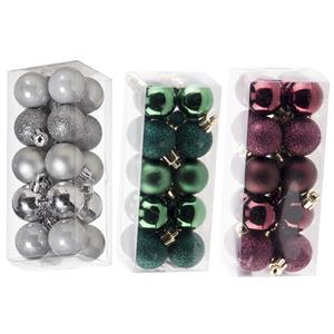 Cosy & Trendy Kleine kunststof kerstversiering 60x stuks set en 3 cm kerstballen in het zilver-aubergine-groen -