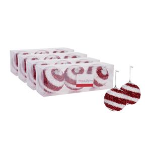 Home & Styling 12x stuks gedecoreerde kerstballen rood/wit kunststof 8 cm -