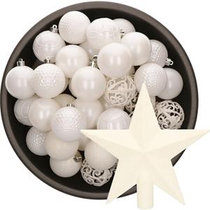 Decoris 37x stuks kunststof kerstballen 6 cm incl. ster piek wit -