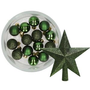 Decoris 14x stuks kerstballen 3 cm met ster piek donkergroen kunststof -