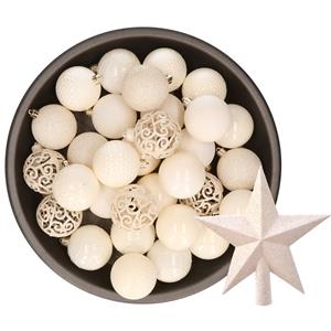 Decoris 37x stuks kunststof kerstballen 6 cm incl. ster piek wol wit -