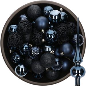 Bellatio 37x stuks kunststof kerstballen 6 cm incl. glazen piek glans donkerblauw -