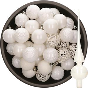 Bellatio 37x stuks kunststof kerstballen 6 cm incl. glazen piek glans wit -