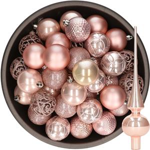 Decoris 37x stuks kunststof kerstballen 6 cm incl. glazen piek lichtroze -