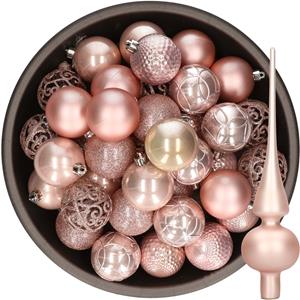 Decoris 37x stuks kunststof kerstballen 6 cm incl. glazen piek mat lichtroze -