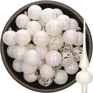 Bellatio 37x stuks kunststof kerstballen 6 cm incl. glazen piek mat wit -