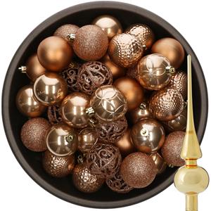 Bellatio 37x stuks kunststof kerstballen camel bruin 6 cm incl. glazen piek goud -