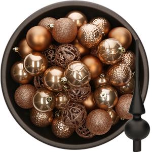 Bellatio 37x stuks kunststof kerstballen camel bruin 6 cm incl. glazen piek zwart -