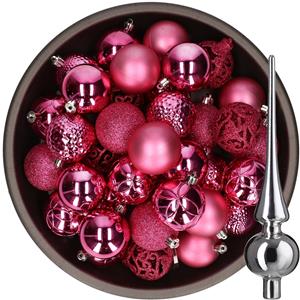 Bellatio 37x stuks kunststof kerstballen fuchsia roze 6 cm incl. glazen piek zilver -