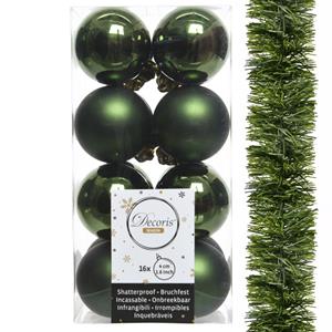 Decoris kerstballen en kerstslinger 17x stuks donkergroen kunststof -