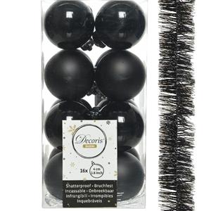 Decoris 16x stuks kerstballen 4 cm met slinger zwart kunststof -