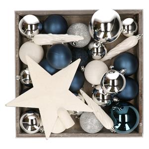 Bellatio Kunststof kerstballen - 45x stuks - met ster piek - blauw,wit,zilver -