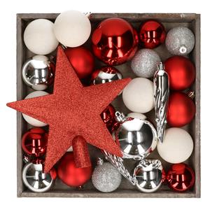 Bellatio Kunststof kerstballen - 45x stuks - met ster piek - rood,wit,zilver -