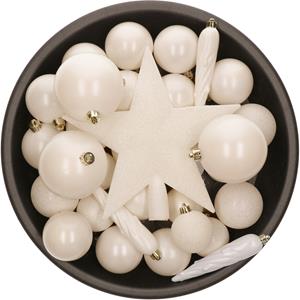 Decoris 45x stuks kunststof kerstballen en ijspegels met ster piek wol wit -