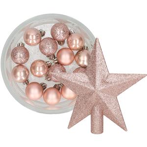 Decoris 14x stuks kerstballen 3 cm met ster piek lichtroze kunststof -