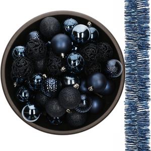 Bellatio 37x stuks kunststof kerstballen 6 cm met 2x stuks slingers donkerblauw -