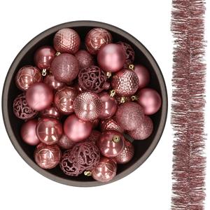 Decoris 37x stuks kunststof kerstballen 6 cm met 2x stuks slingers oudroze -