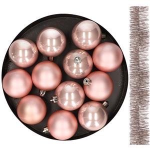 Decoris kerstballen 6 cm en slinger 13x stuks - lichtroze - kunststof -