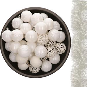 Bellatio 37x stuks kunststof kerstballen 6 cm met kerstslingers wit -