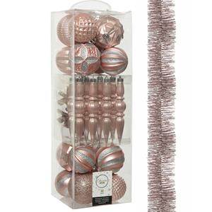 Decoris 30x stuks kunststof kerstballen en ornamenten met slinger lichtroze -