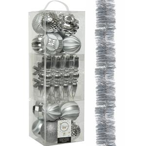 Decoris 30x stuks kunststof kerstballen en ornamenten met slinger zilver -