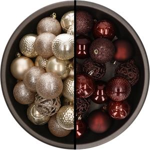 Kunststof kerstballen 74x stuks champagne en mahonie bruin 6 cm -