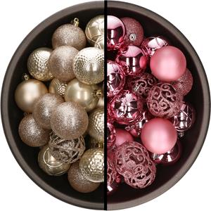 Kunststof kerstballen 74x stuks champagne en roze 6 cm -