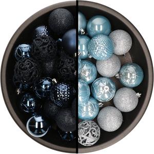 Kunststof kerstballen 74x stuks donkerblauw en lichtblauw 6 cm -