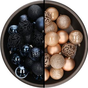 Kunststof kerstballen 74x stuks donkerblauw en lichtbruin 6 cm -