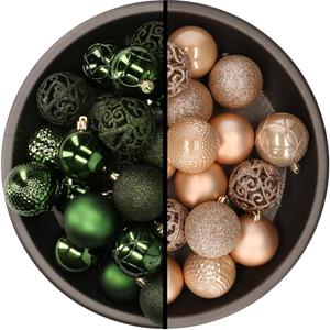 Kunststof kerstballen 74x stuks donkergroen en lichtbruin 6 cm -