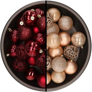 Kunststof kerstballen 74x stuks donkerrood en lichtbruin 6 cm -