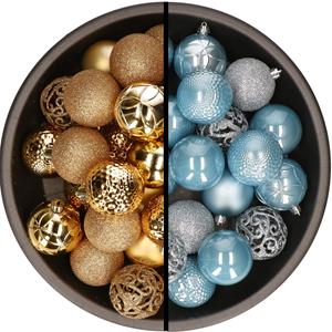 Kunststof kerstballen 74x stuks goud en lichtblauw 6 cm -