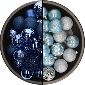 Kunststof kerstballen 74x stuks kobalt blauw en lichtblauw 6 cm -