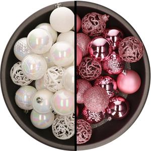 Kunststof kerstballen 74x stuks parelmoer wit en roze 6 cm -