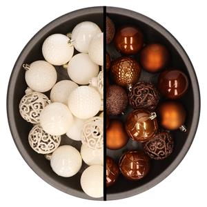 Kunststof kerstballen 74x stuks wol wit en bruin 6 cm -