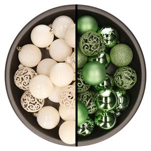Kunststof kerstballen 74x stuks wol wit en groen 6 cm -